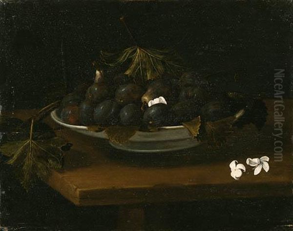 Plums, Figs And Grape Leaves In A Dish With Blossoms On Atable Oil Painting by Galizia Fede