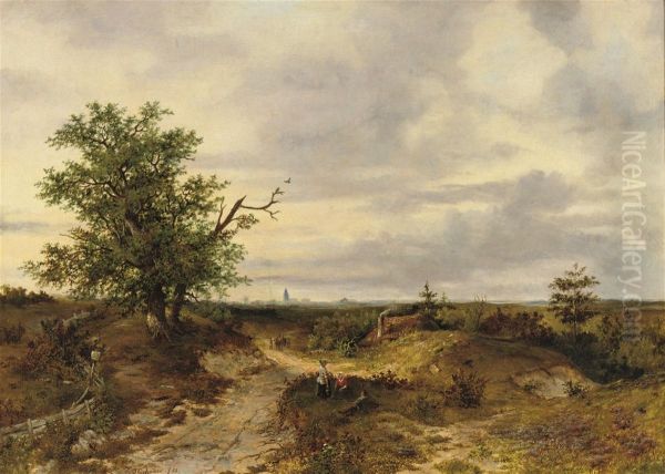 Villagers In An Extensive Summer Landscape Oil Painting by Johannes Philippus Galjaard