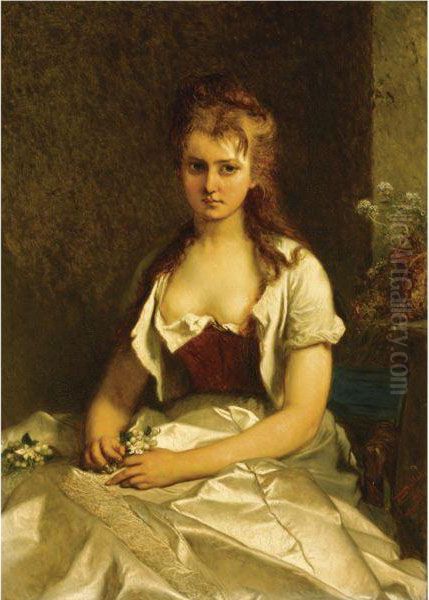 An Elegant Young Lady Holding A Flower Oil Painting by Louis Gallait