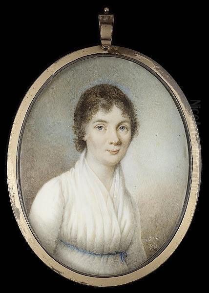 A Lady, Wearing Long Sleeved White Dress With Thin Blue Ribbon Waistband Oil Painting by Alexander Gallaway