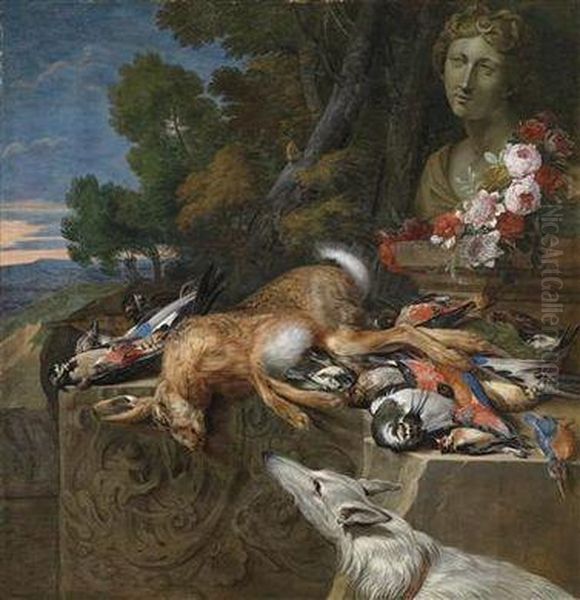 A Hunting Still Life Flanked By A Bust Of Diana And A Dog Oil Painting by Hieronymus Galle I