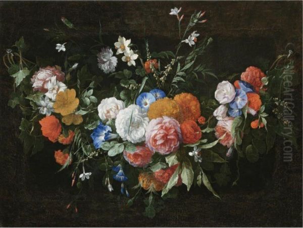 A Swag Of Flowers, Including Roses And Morning Glory Oil Painting by Hieronymus Galle I