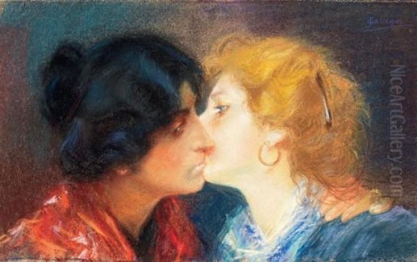 Due Donne (il Bacio) Oil Painting by Jose Gallegos Y Arnosa