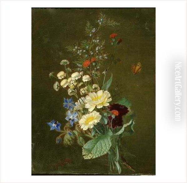 Fleurs Et Papillon Oil Painting by Jean-Baptiste Gallet