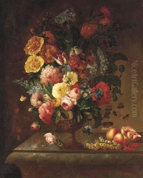 Tulips, Roses, An Iris, Morning Glory, A Hydrangea And Otherflowers In A Classical Urn On A Plinth With Grapes, Redcurrants,peaches And A Pomegranate Oil Painting by Jean-Baptiste Gallet