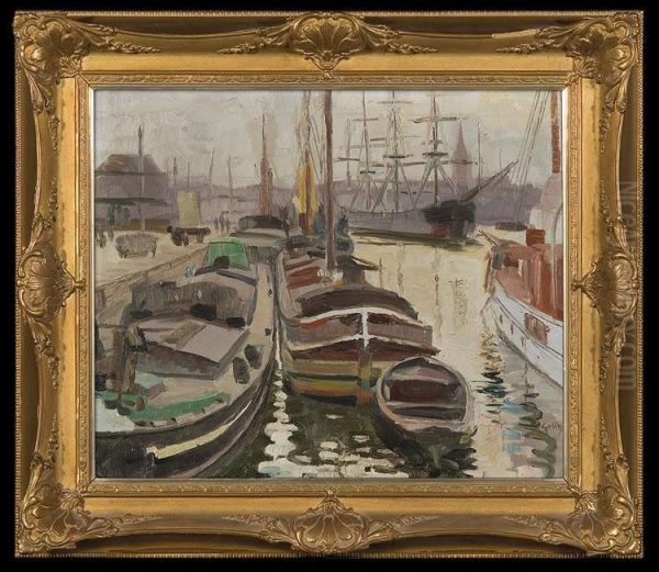 Barges In Ostende Port Oil Painting by Wilhelm Gallhof