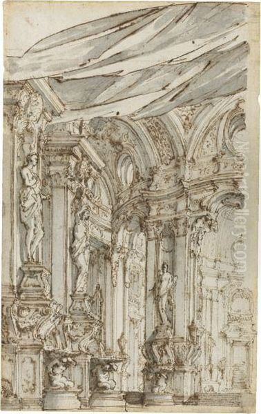 Stage Design With An Elaborate Architectural Interior Oil Painting by Alessandro Galli Bibiena