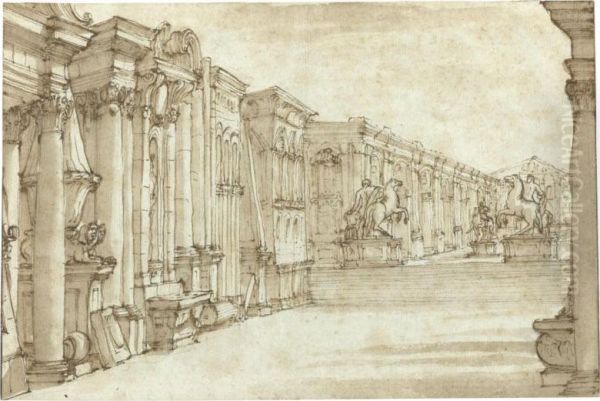 View Of An Imaginary Courtyard With Sculptures Of The Dioscuri And Marcus Aurelius Oil Painting by Alessandro Galli Bibiena