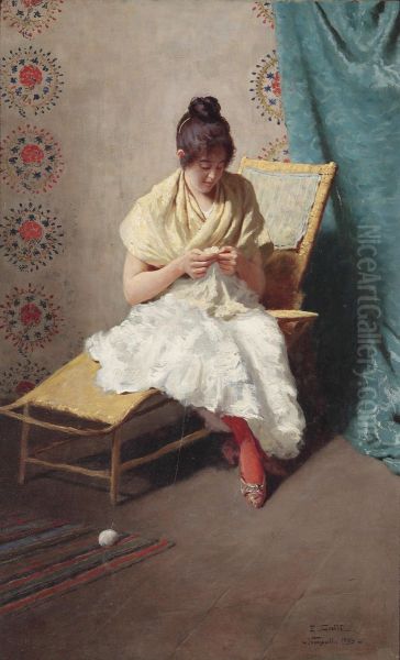 Young Girl In Awhite Dress Oil Painting by Eduardo Galli