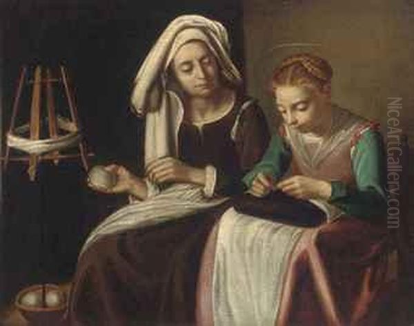 The Madonna Sewing With Saint Anne Winding Yarn Oil Painting by Giovanni Antonio Galli