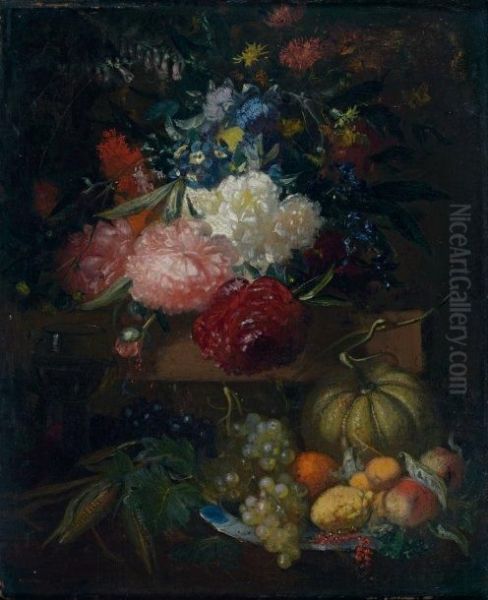 Vase De Fleurs Et Corbeille De Fruits Oil Painting by Pieter Gallis