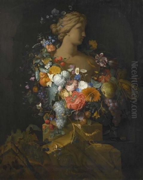 Still Life: Fruits And A Garland Of Flowers Around A Bust Of Venus Before A Niche. Oil Painting by Pieter Gallis