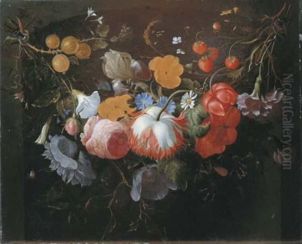 A Swag Of Mixed Flowers In A Niche Oil Painting by Pieter Gallis