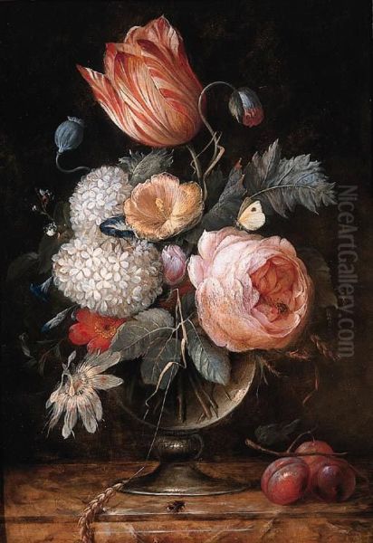 A Tulip, Roses, A Passion Flower, A Poppy, An Ear Of Corn And Otherflowers In A Glass Vase With Plums On A Marble Ledge Oil Painting by Pieter Gallis