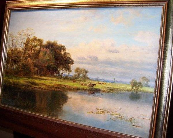 Near Yarmouth 
 Church And Cattle By A River Oil Painting by Robert Gallon