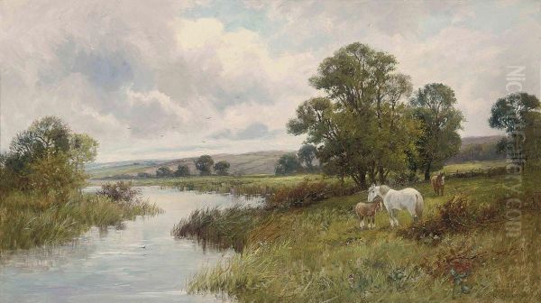 A Mare And Her Foals Grazing At The Side Of A River by Robert Gallon