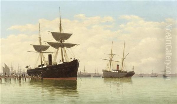 Ships At Harbour Oil Painting by Pietro Galter