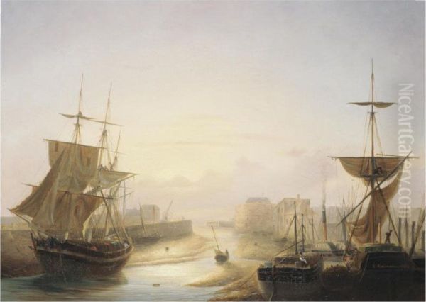 A Harbour At Sunset Oil Painting by Louis Gamain