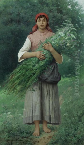 Jeune Italienne Tenant Une Gerbe De Fleurs Des Champs Oil Painting by Jules-Alexandre Gamba De Preydour