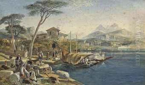 Figures At Work On The Edge Of An Italian Lake Oil Painting by Ernest, Major Gambier-Parry