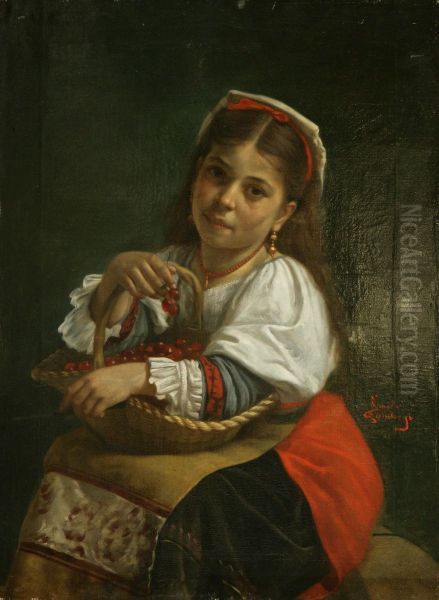 Fanciulla Napoletana Con Cesto Di Ciliegie Oil Painting by Emile Gambogi