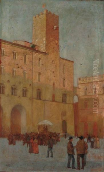 Piazza Dei Priori A Volterra Oil Painting by Raffaello Gambogi