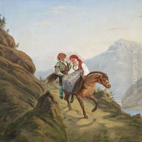 A Norweegian Mountainlandscape With Persons Oil Painting by Knud Frederik Gamborg