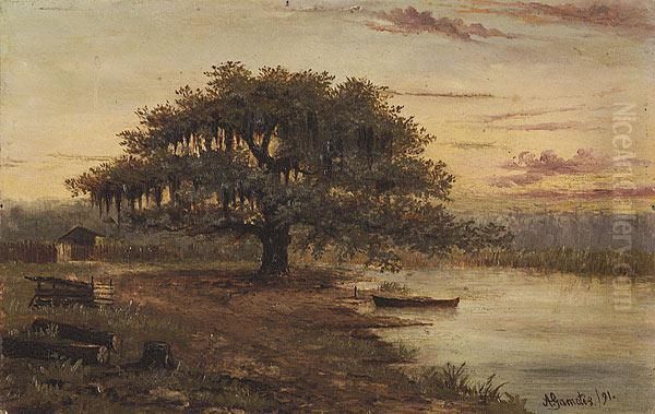 Louisiana Bayou With Cabin And Pirogue Oil Painting by Alphonse G. Gamotis