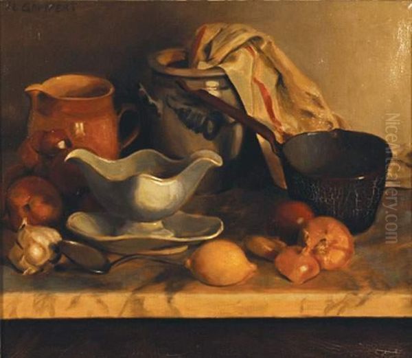 Nature-morte A La Sauciere Sur Un Entablement Oil Painting by Jean-Louis Gampert