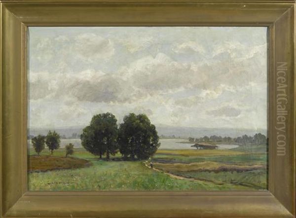 Landscape Of Fields With A Lake In The Background Oil Painting by Otto Gampert