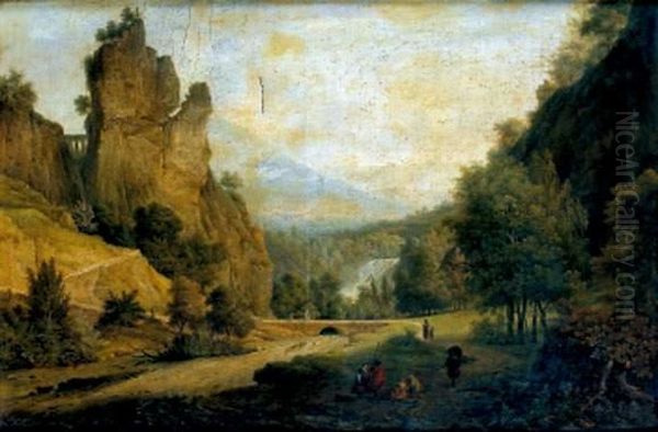 Le Repos Des Personnages Et De Bergers Dans Un Paysage De Montagne Traverse Par Un Torrent Oil Painting by A. Gandat