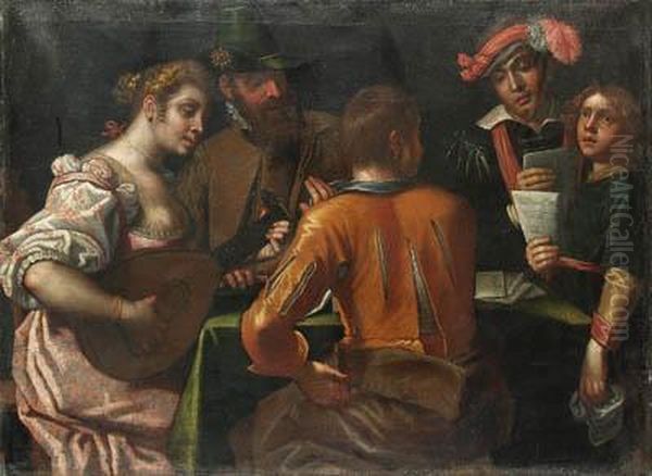 Elegant Company Making Music Around A Table Oil Painting by Antonio Gandino