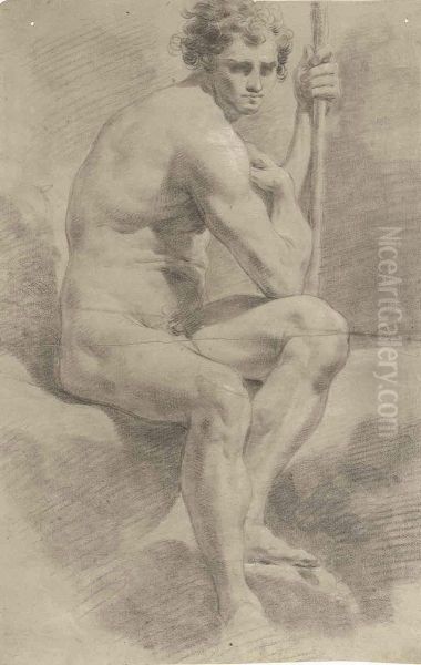 An Academic Male Nude, Seated, Leaning On A Staff Oil Painting by Gaetano Gandolfi