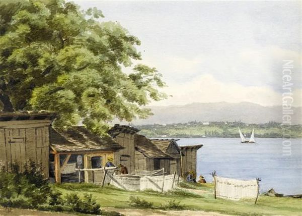 Fishermen's Huts By The Lake Oil Painting by Adolphe Gandon