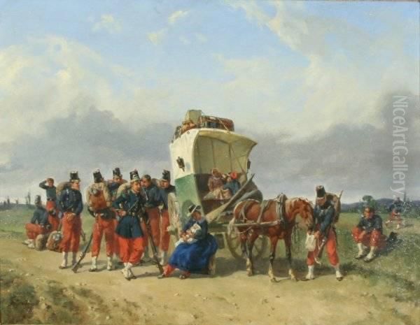 Troops Pausing Along The Road Oil Painting by Adolphe Gandon