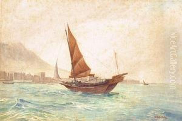 A Junk In Hong Kong Harbour Oil Painting by Henry George Gandy