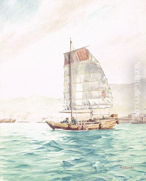 A Junk With Three Crew In Hong Kong Harbour Oil Painting by Henry George Gandy