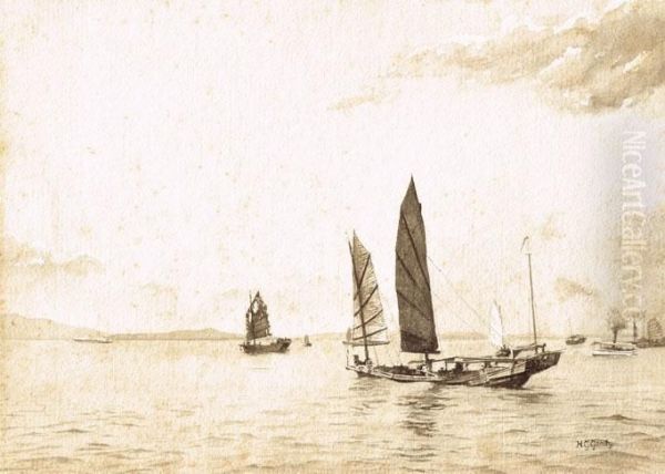 Junks And Steamboat In Hong Kong Harbour Oil Painting by Henry George Gandy