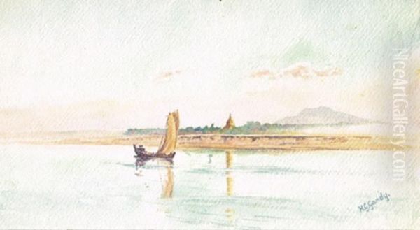 Junk On The River Irawaddy, Burma Oil Painting by Henry George Gandy