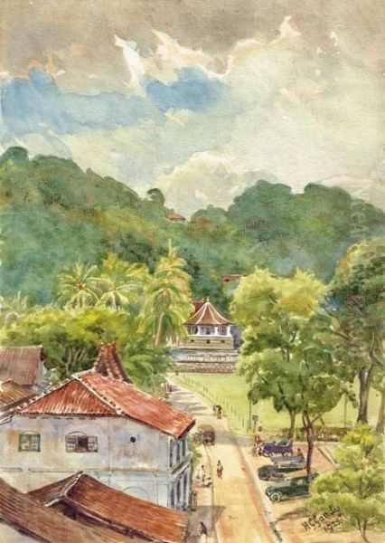 Temple Of The Tooth, Kandy, From A Room Window In Queen's Hotel (sri Lanka) 1925 Oil Painting by Henry George Gandy