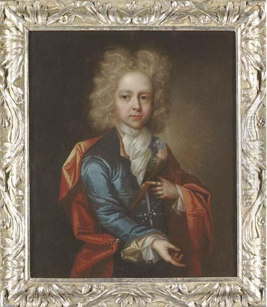 Portrait Of A Young Boy, Half-length, In A Blue Coat With A Redcloak, Holding A Parakeet Oil Painting by William Gandy