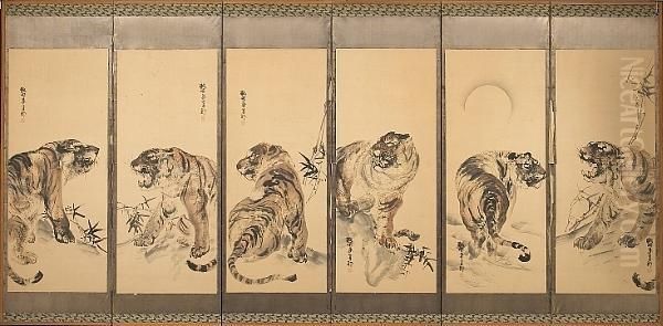 Large Six Panel Screen, Ink And Pale Color On Paper; Comprising Six Images Of Tigers Posed Amid Bamboo Or Under A Full Moon, Mounted Kakejiku-style Against A Silver Leaf Ground Oil Painting by Kishi Koma Ganku