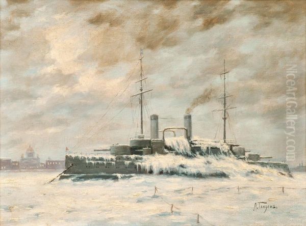 Aship In Winter Oil Painting by Aleksei Vasil'Evich Ganzen