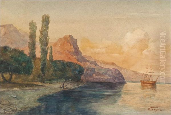 A Crimean Landscape Oil Painting by Aleksei Vasil'Evich Ganzen