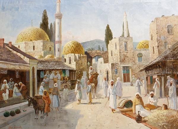 A North African Market Scene Oil Painting by Juan Jose Garate Y Clavero