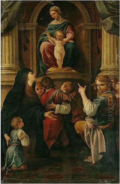 The Madonna And Child Adored By Santa Felicita And Her Sons Oil Painting by Lorenzo Garbieri Il Nepote