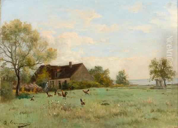 A Rural Scene With A Farmhouse And Roosters In A Yard Oil Painting by Alfred Garcement