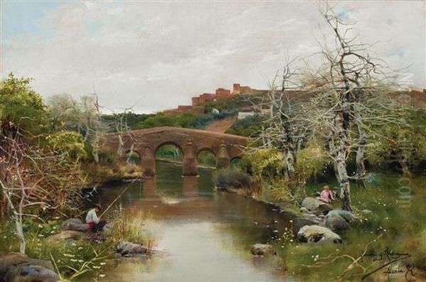 Fishing By A Bridge Oil Painting by Manuel Garcia y Rodriguez