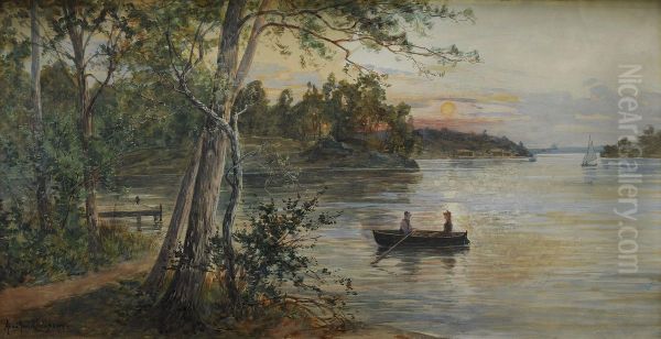 Insjolandskap Med Karlekspar I Roddbat Oil Painting by Anna Gardell-Ericson