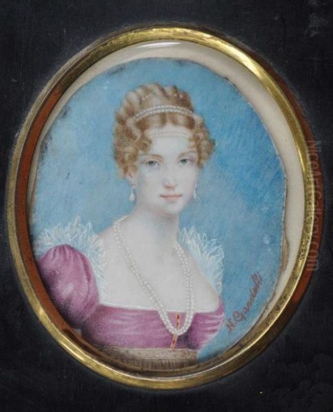 A Miniature Bust Portrait Of A Young Woman Wearing A Fuchsia Lace-trimmed Dress And Pearls Oil Painting by N Gardelli